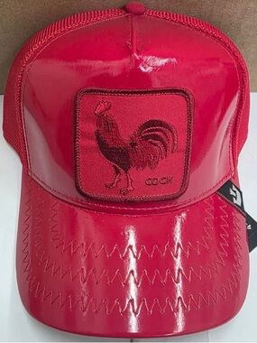 Glossy Red Trucker Cap with Rooster Patch